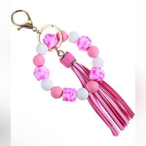 Pink and White Beaded Tassel Keychain